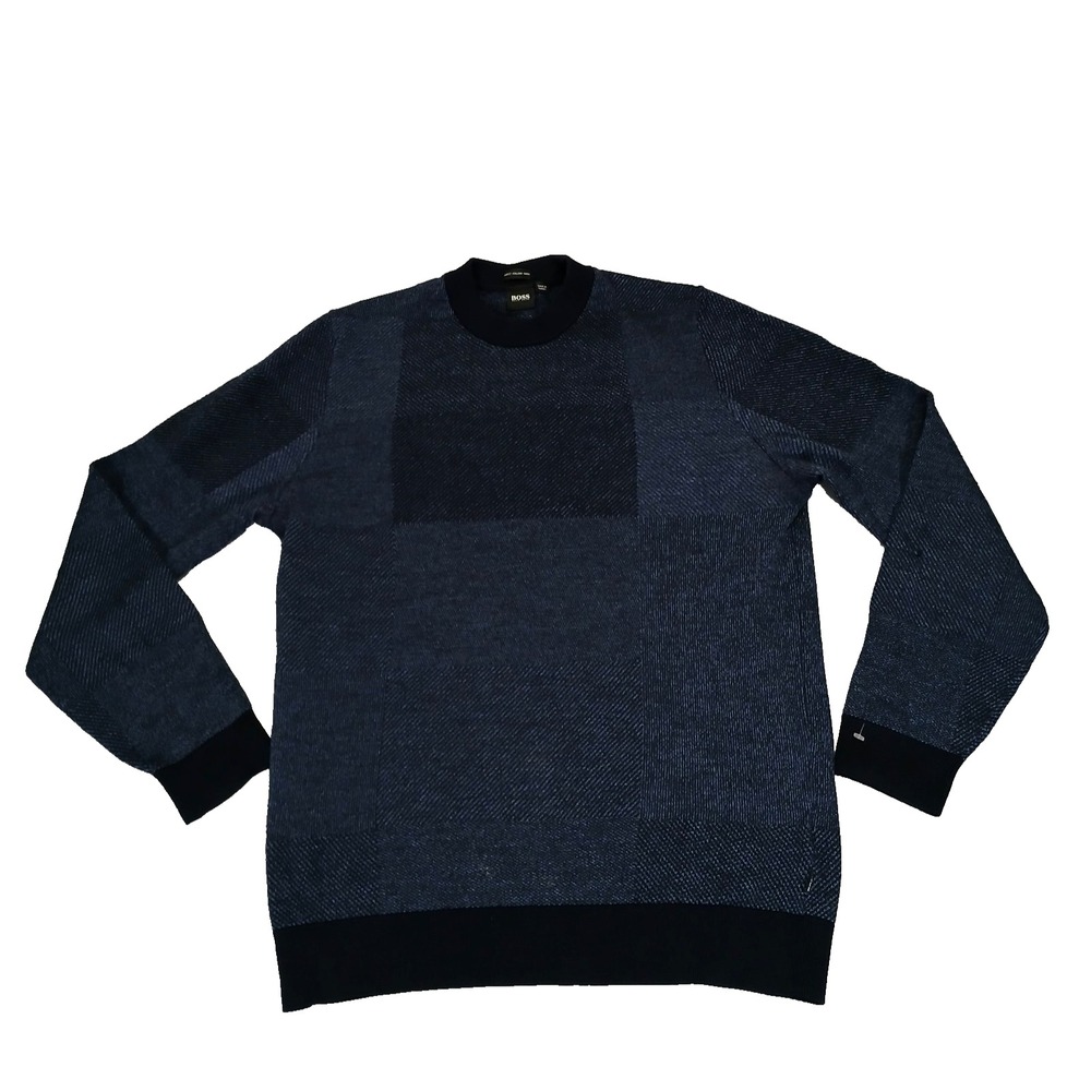 Hugo Boss Men L Finest Italian Yarn Pullover Crew neck Navy‎ Sweater 100% Wool